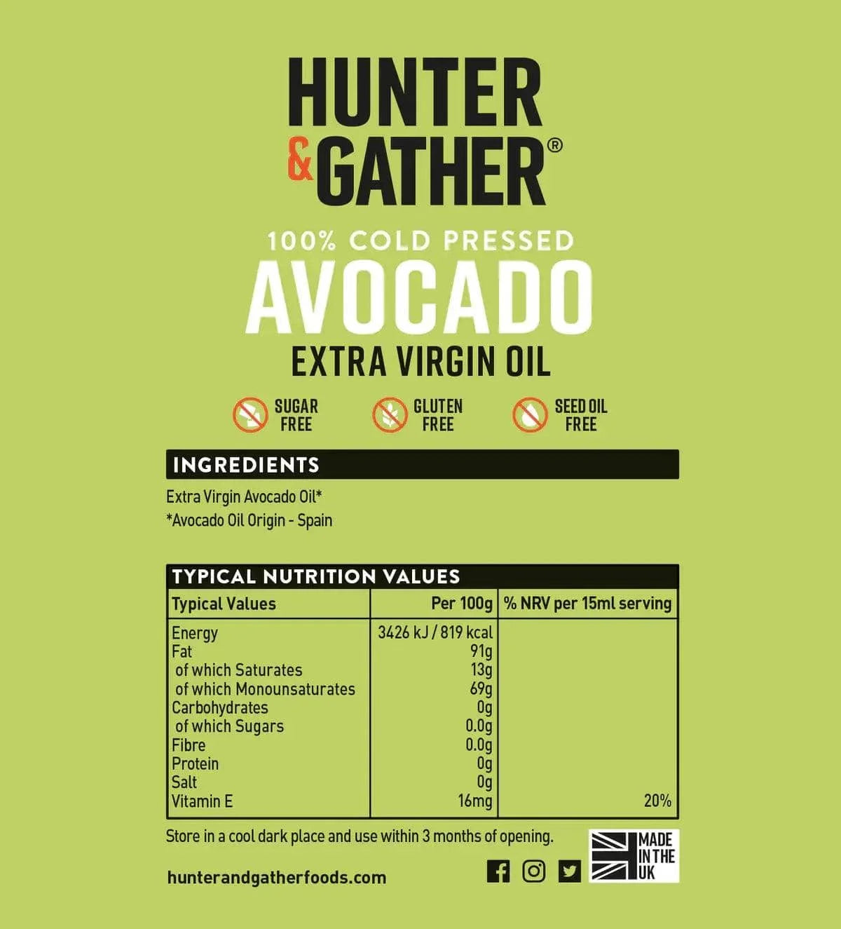 Avocado Oil Extra Virgin Hunter & Gather 500ml hunter & gather 00900004