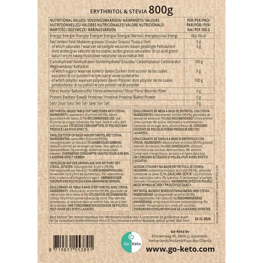 Erythritol Stevia Premium Zoetstof Go-Keto 800g – product overview