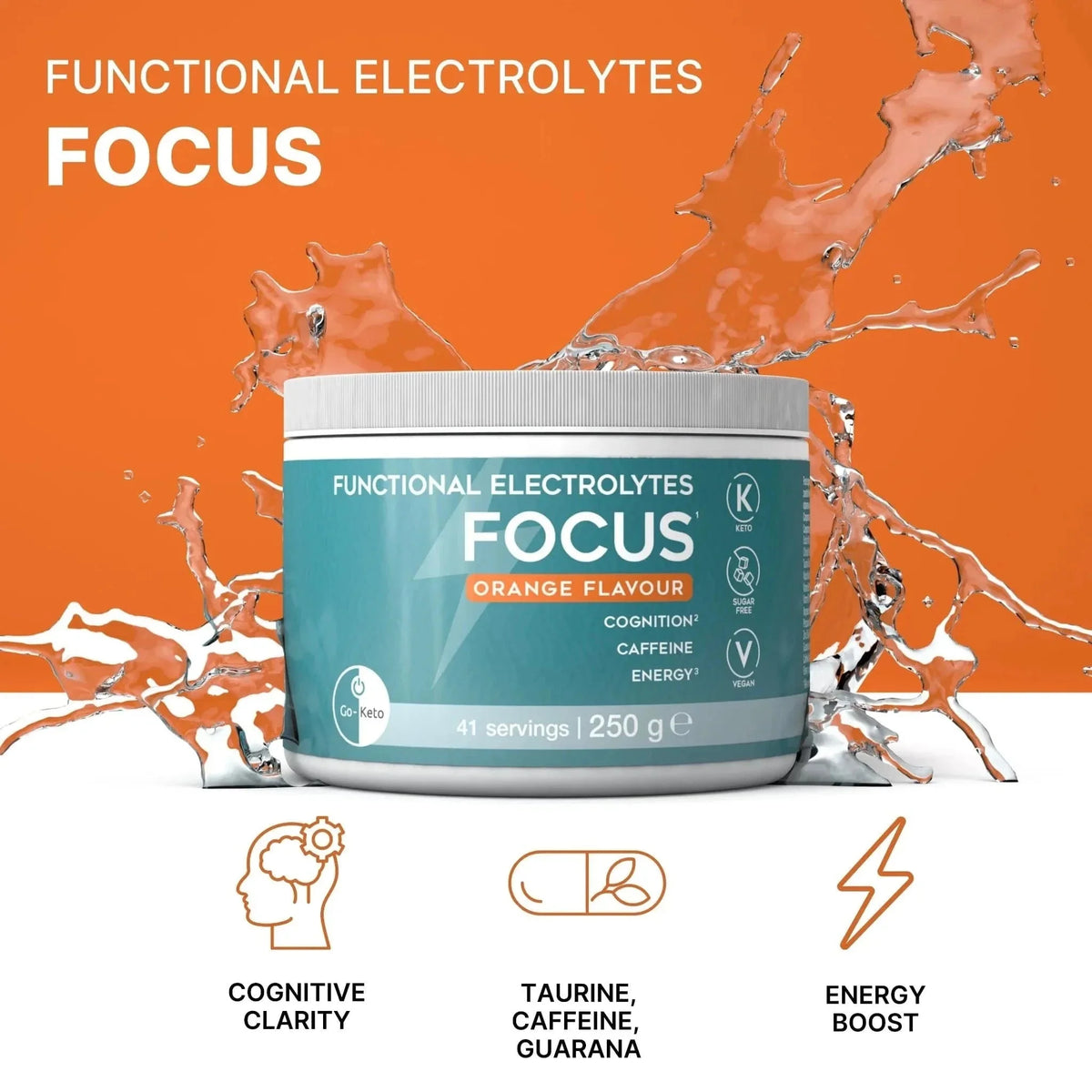 Mezcla de Bebida de Electrolitos Funcionales Focus Naranja Go-Keto 41 porciones – product overview