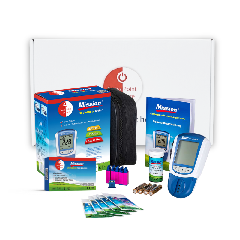 Swiss Point of Care Mission Kit de Démarrage Cholestérol 3-en-1 (Ensemble Complet, 5 Tests)