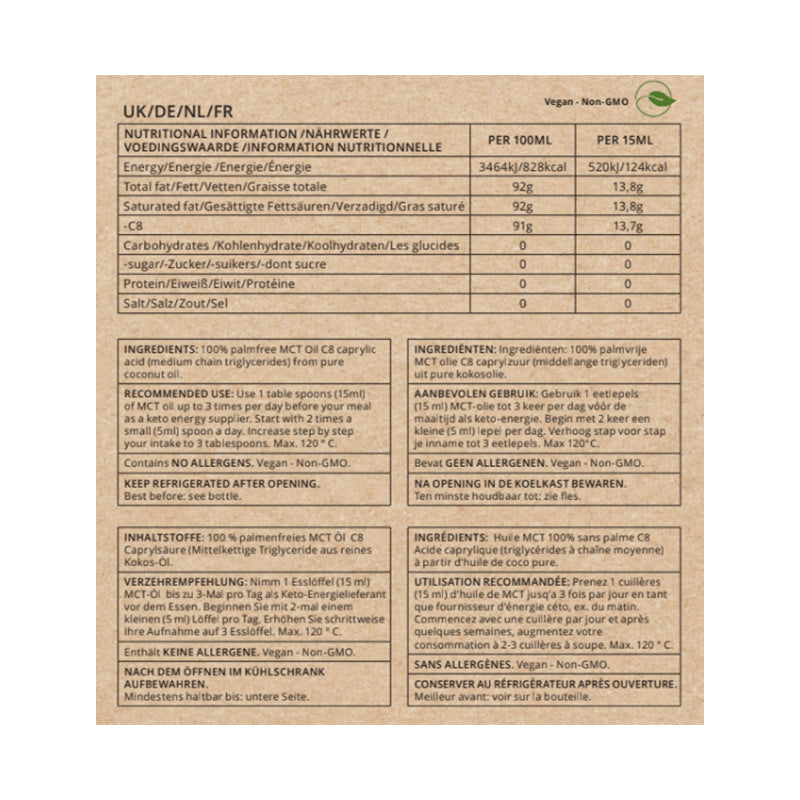 H&B Aceite MCT C8 Go-Keto Botella de Jarabe 500ml