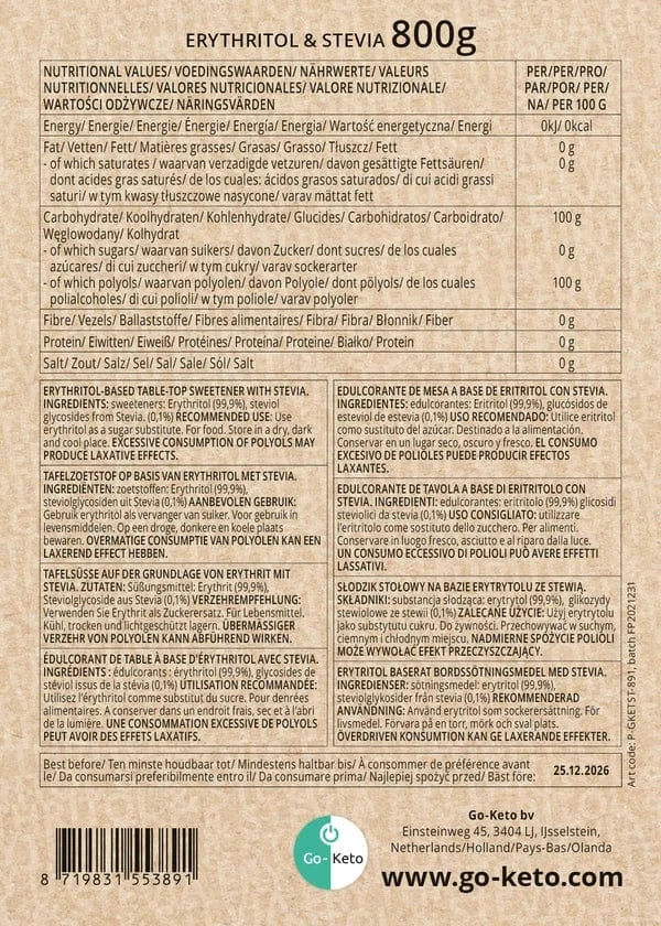 Eritritol Stevia Edulcorante Premium Go-Keto 800g – product overview